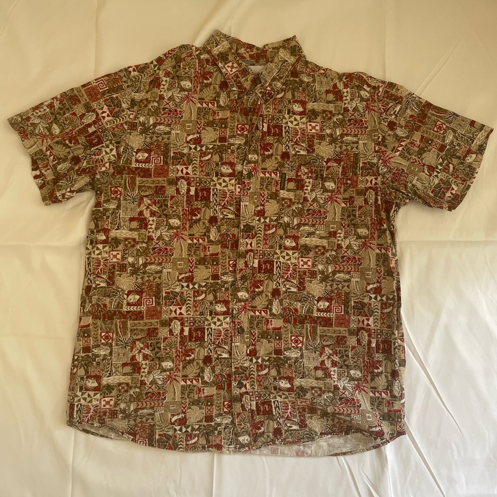 Columbia XL AOP Mens Beige Red Green Fish Palm Trees Print Button Front Shirt
